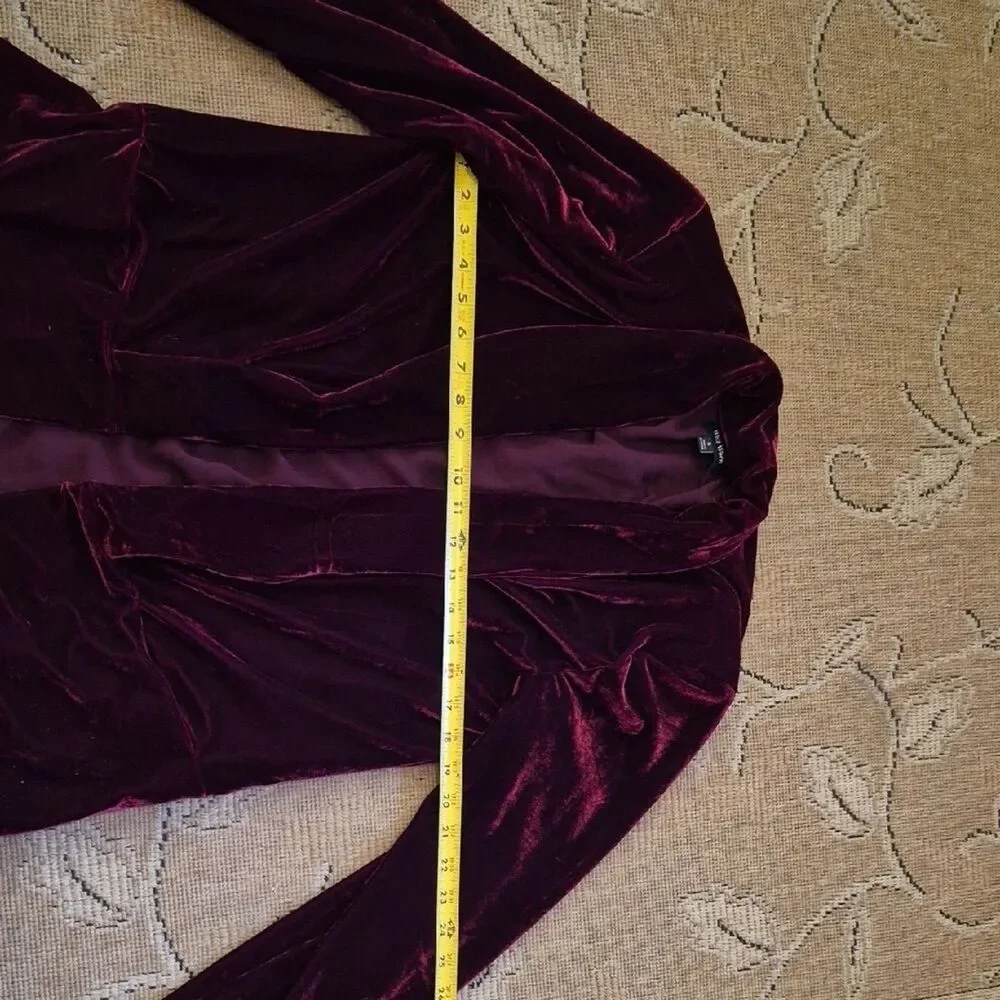 Well Worn Brand Maroon Velvet Blazer Jacket Small S Open Front Dark Burgundy